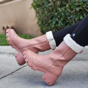 Women's Sherpa Faux Fur Ankle Boot Blush Color