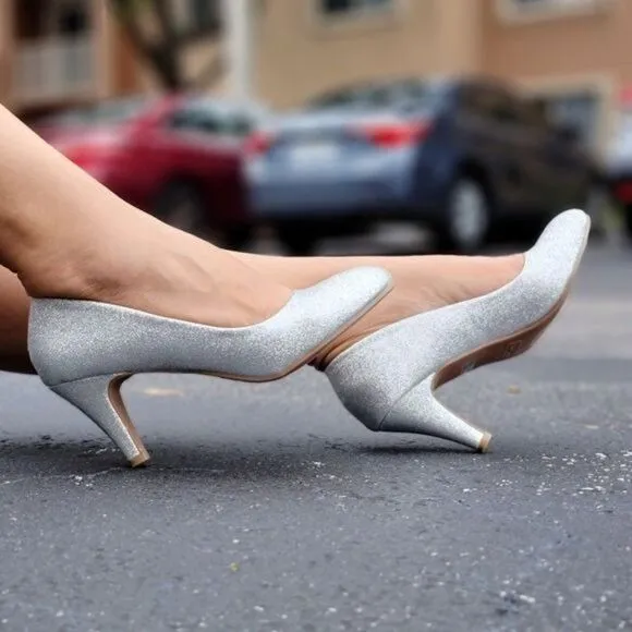 Women's Silver Glitter Low Heel Pumps Shoes