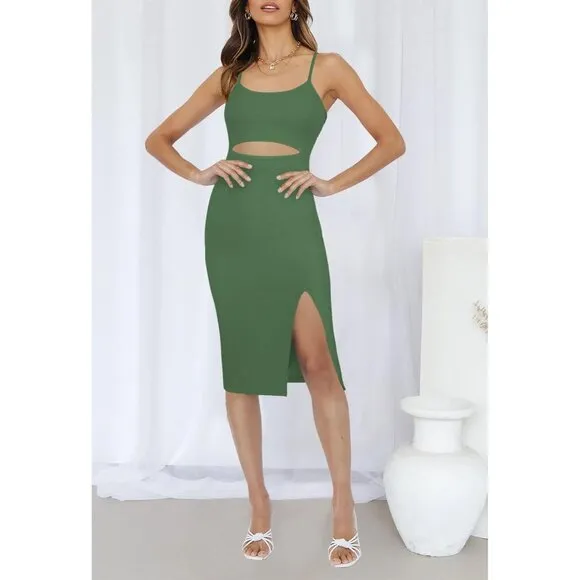 Women's Spaghetti Strap Cutout Side Slit Ribbed Knee Length Bodycon Midi Dress