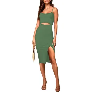 Women's Spaghetti Strap Cutout Side Slit Ribbed Knee Length Bodycon Midi Dress