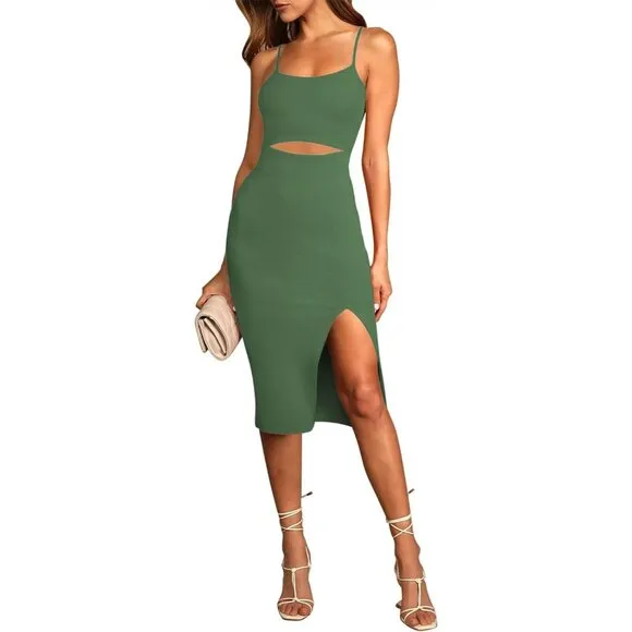 Women's Spaghetti Strap Cutout Side Slit Ribbed Knee Length Bodycon Midi Dress