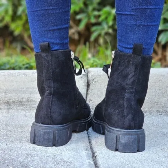 Womens Suede Combat Ankle Boots Lace Up Heeled Black Color