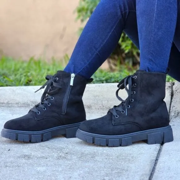 Womens Suede Combat Ankle Boots Lace Up Heeled Black Color