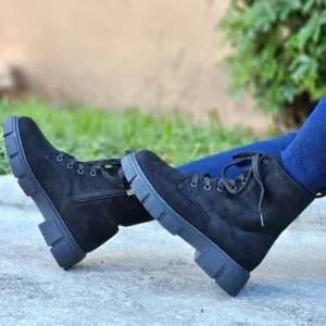 Womens Suede Combat Ankle Boots Lace Up Heeled Black Color