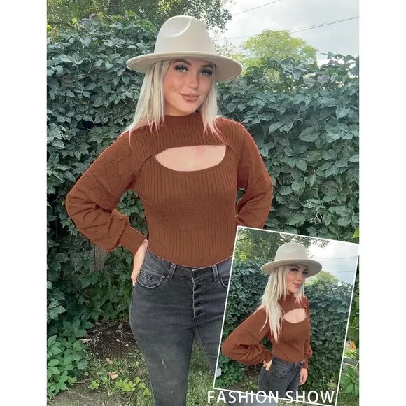 Women's Sweaters Tops Knit Cut Out Puff Sleeve Brown Mock Neck Sweater