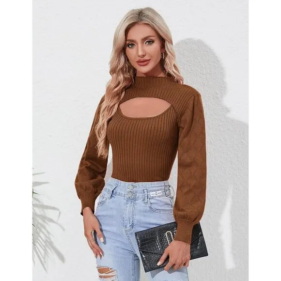 Women's Sweaters Tops Knit Cut Out Puff Sleeve Brown Mock Neck Sweater