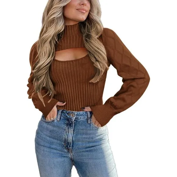 Women's Sweaters Tops Knit Cut Out Puff Sleeve Brown Mock Neck Sweater