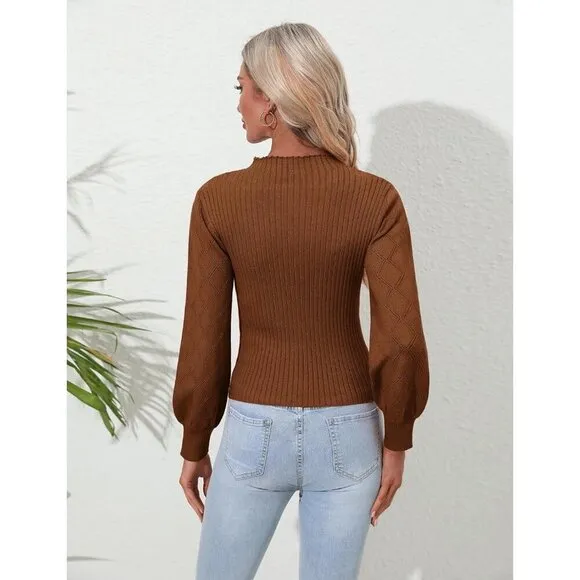 Women's Sweaters Tops Knit Cut Out Puff Sleeve Brown Mock Neck Sweater