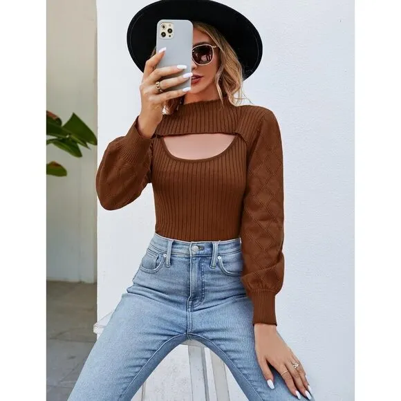 Women's Sweaters Tops Knit Cut Out Puff Sleeve Brown Mock Neck Sweater