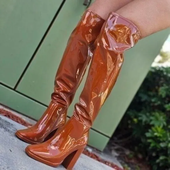 Women's Tan Thigh High Over the Knee Boots Chuncky‎ Heel