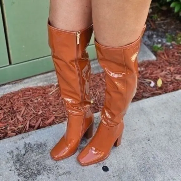 Women's Tan Thigh High Over the Knee Boots Chuncky‎ Heel