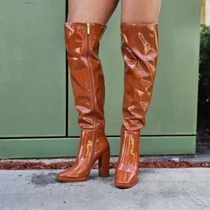 Women's Tan Thigh High Over the Knee Boots Chuncky‎ Heel