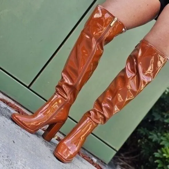Women's Tan Thigh High Over the Knee Boots Chuncky‎ Heel