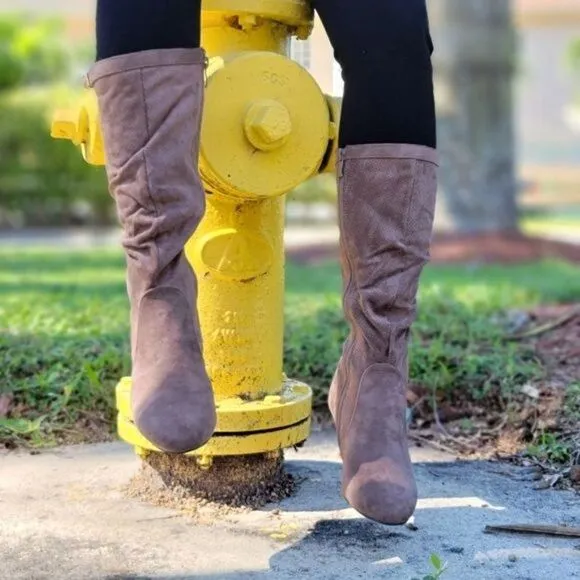 Women's Taupe Wrinkle Finish Calf Length Pull On Boots Rounded Toe
