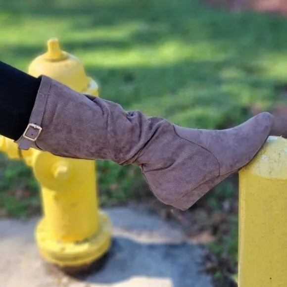 Women's Taupe Wrinkle Finish Calf Length Pull On Boots Rounded Toe
