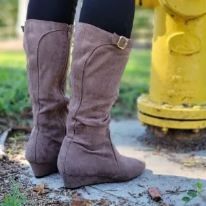 Women's Taupe Wrinkle Finish Calf Length Pull On Boots Rounded Toe
