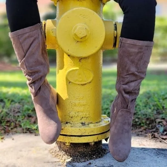 Women's Taupe Wrinkle Finish Calf Length Pull On Boots Rounded Toe