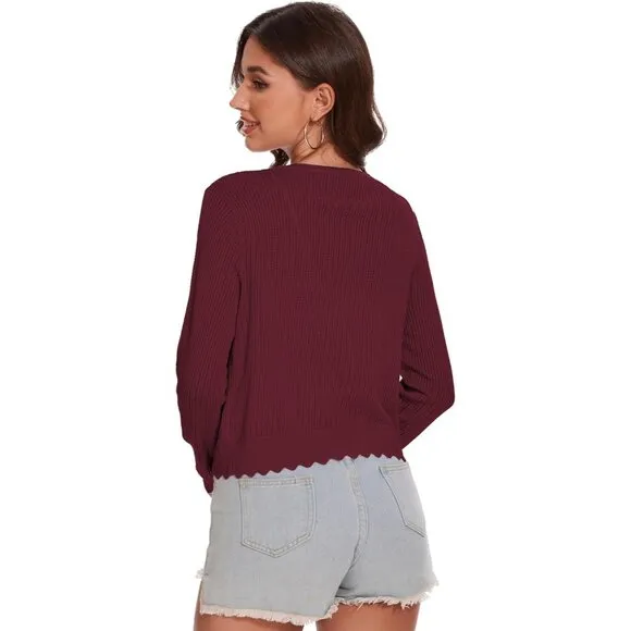 Women's Tie Front Knit Cropped Cardigan - Burgundy