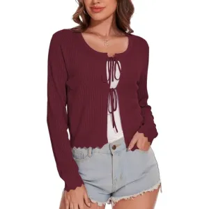 Women's Tie Front Knit Cropped Cardigan - Burgundy