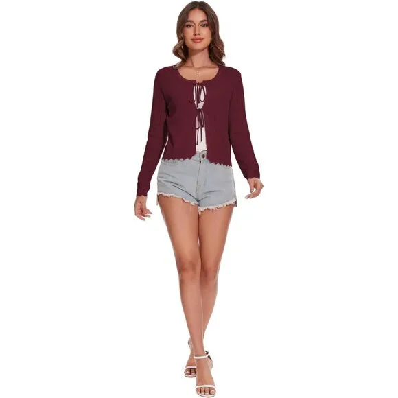 Women's Tie Front Knit Cropped Cardigan - Burgundy