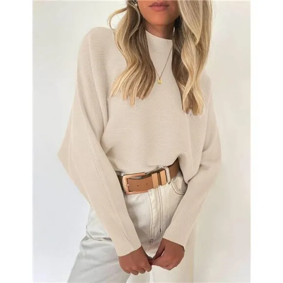 Women's Turtleneck Batwing Long Sleeve Ribbed Knit Casual Soft Pullover Sweater