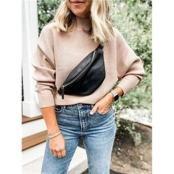 Women's Turtleneck Batwing Long Sleeve Ribbed Knit Casual Soft Pullover Sweater