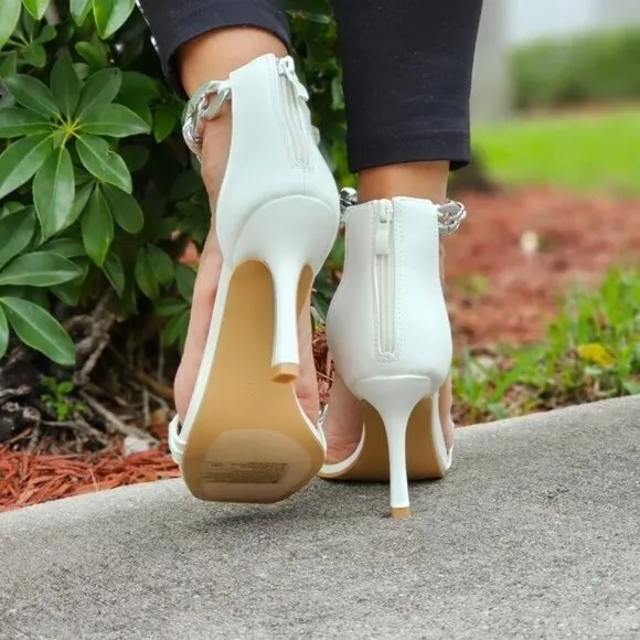Womens White Ankle Strap Heels Chains Stiletto‎ Sandals