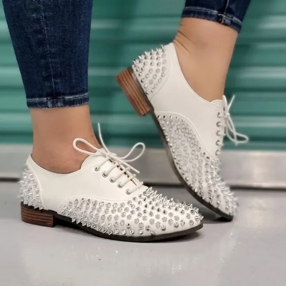 Women's White Silver Studded Lace Up Flat Oxford Shoes
