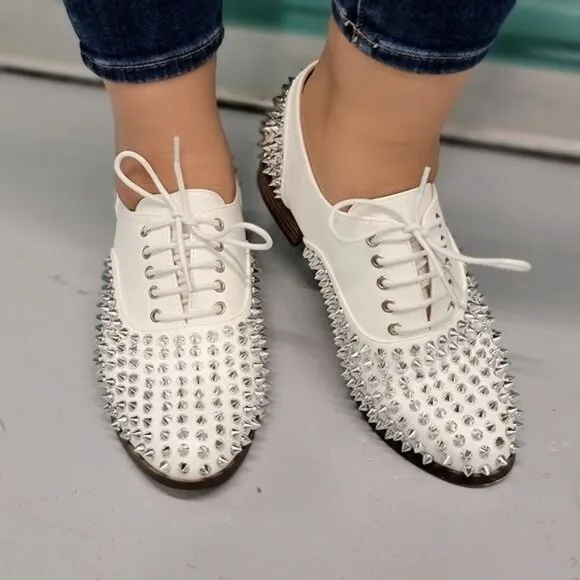 Women's White Silver Studded Lace Up Flat Oxford Shoes