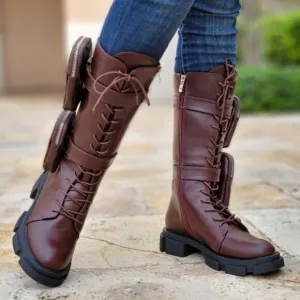 Women's Wine Lace up High Combat Boots Lug Sole