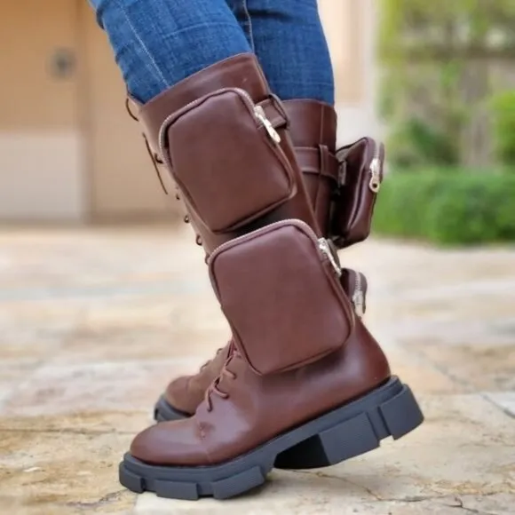 Women's Wine Lace up High Combat Boots Lug Sole