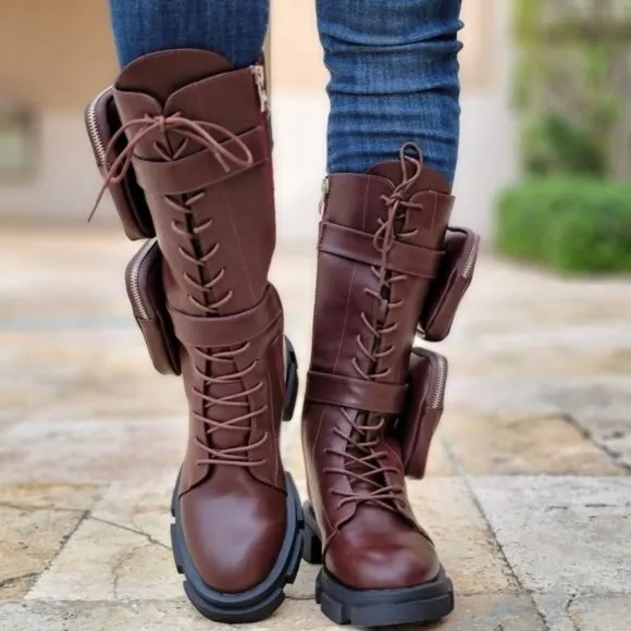 Women's Wine Lace up High Combat Boots Lug Sole