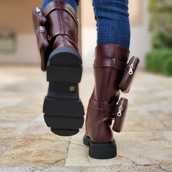 Women's Wine Lace up High Combat Boots Lug Sole