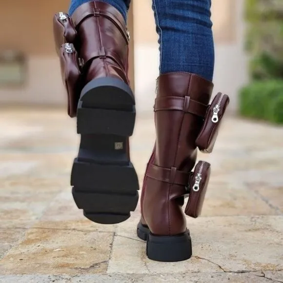 Women's Wine Lace up High Combat Boots Lug Sole