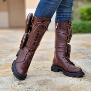 Women's Wine Lace up High Combat Boots Lug Sole