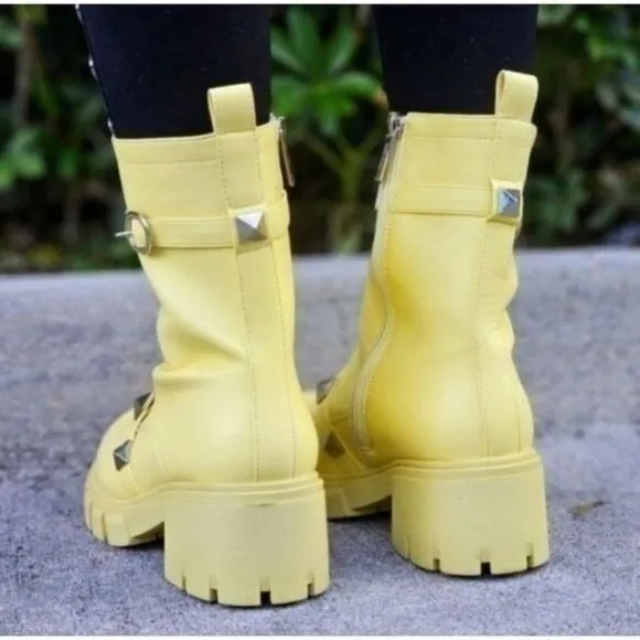 Women's Yellow Pyramid‎ Stud Ankle Combat Boot