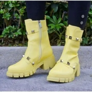 Women's Yellow Pyramid‎ Stud Ankle Combat Boot