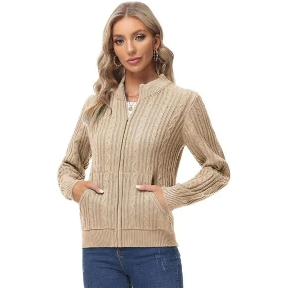 Women's Zip Up Cable Knit Sweater Beige
