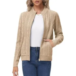 Women's Zip Up Cable Knit Sweater Beige