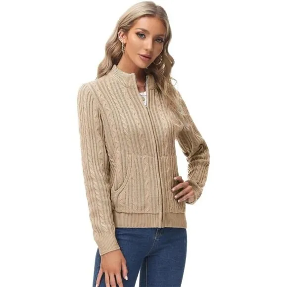 Women's Zip Up Cable Knit Sweater Beige