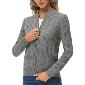 Women's Zip Up Cable Knit Sweater Grey
