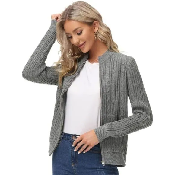 Women's Zip Up Cable Knit Sweater Grey