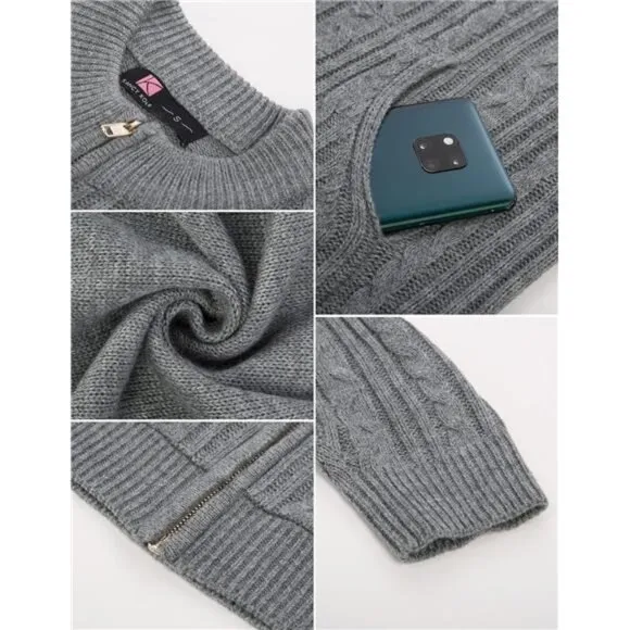 Women's Zip Up Cable Knit Sweater Grey