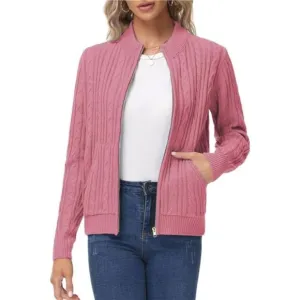 Women's Zip Up Cable Knit Sweater Pink