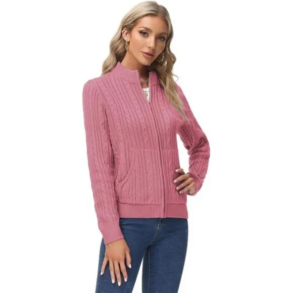 Women's Zip Up Cable Knit Sweater Pink