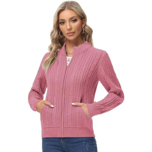 Women's Zip Up Cable Knit Sweater Pink