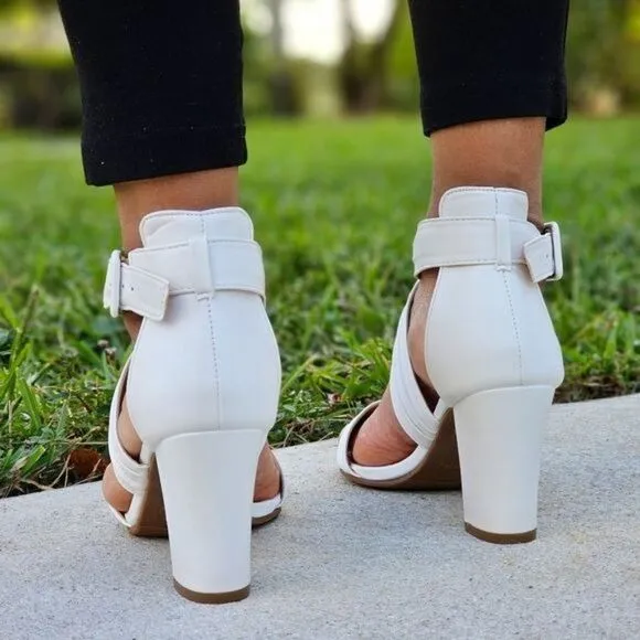 Women's Ankle Strap Block Heel Dress Sandals White Color