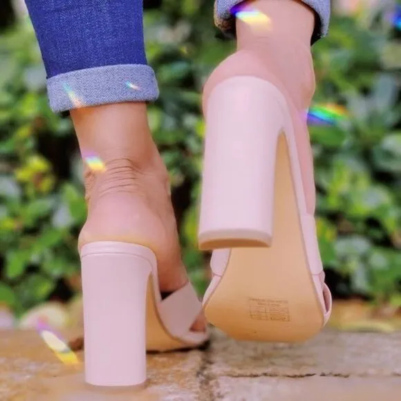 Women's Pink Bandage Square Toe Sandals Chunky Heels
