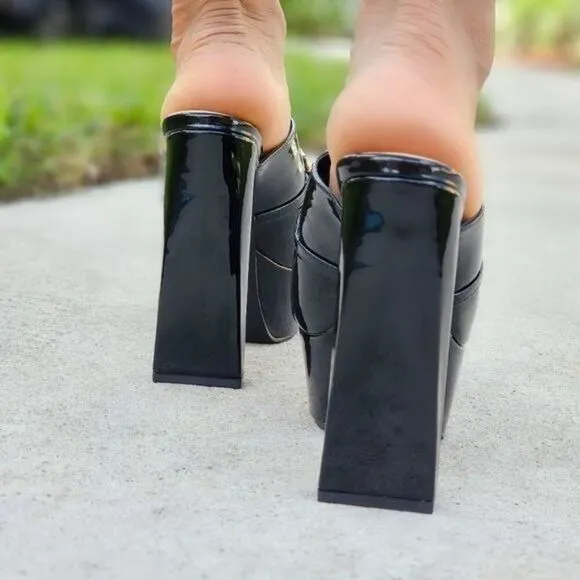 Women's Platform Heeled Mule Open Loafers Black Color Patent