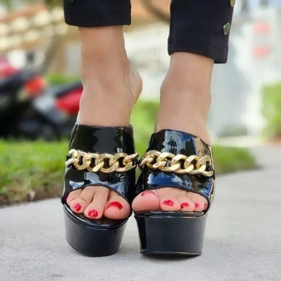Women's Platform Heeled Mule Open Loafers Black Color Patent